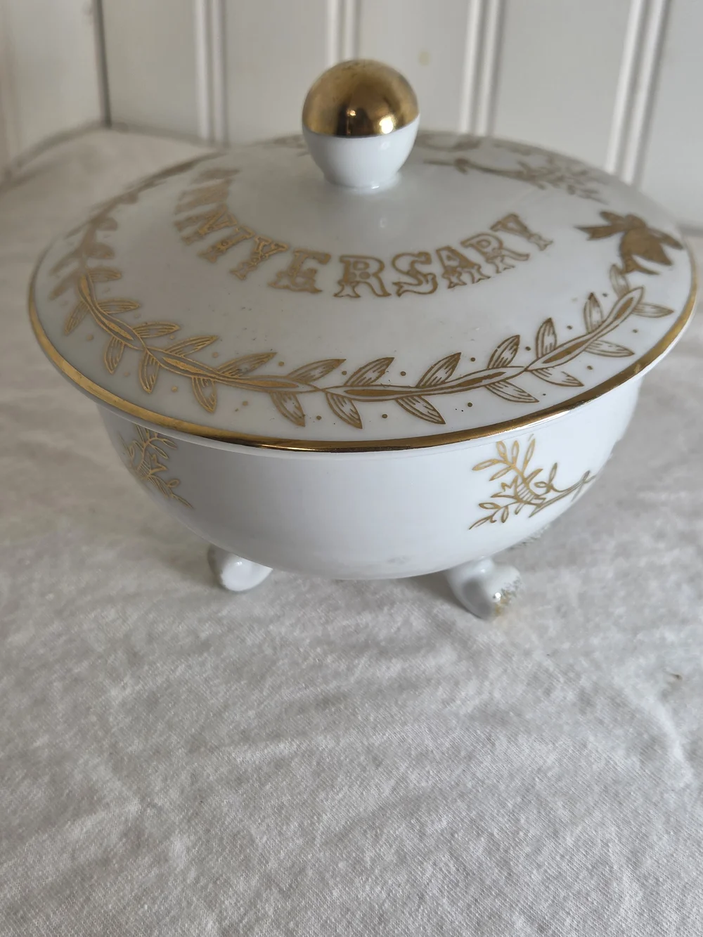 Vintage White and Gold Anniversary Covered Dish - Elegant Home Dining Accent